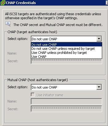 iscsi Security: CHAP iscsi initiators use CHAP for authentication purposes. By default, CHAP is not configured.