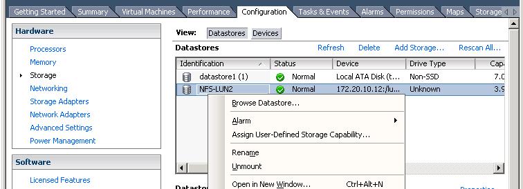 Unmounting or Deleting an NFS Datastore Click the