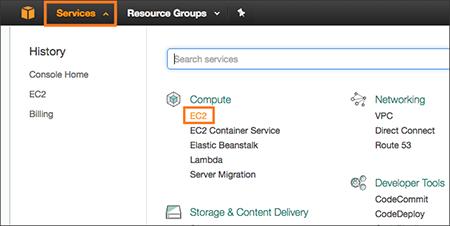 Installation and setup Figure 1: AWS account ID and region 3. Navigate to the EC2 service dashboard by clicking Services, then select EC2. Figure 2: Navigate to the EC2 Dashboard 4.