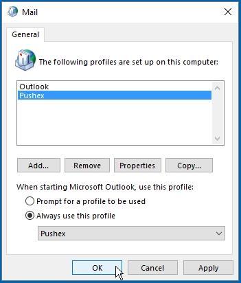 Click: OK - Finish You now return to the Outlook profiles window:-the new pushex profile you ve just created will be visible in the top part of the window, along with any other pre-existing profiles.