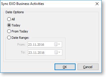 To synchronise all activities in a specified date range: Activities 1. Select Sync Activities with Outlook from the Tools dropdown on the Activities window. The following window opens: 2.