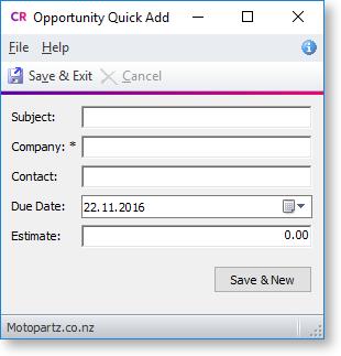Quick Add functions are available as Dashboard widgets and as standalone windows: Tip: Quick Add windows can be added to menus and given shortcuts so that they appear in the Exo Business CRM shortcut