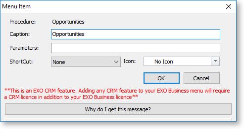 CRM features, such as the ability to add and edit Opportunities, can be added to menus in the Exo Business core module.
