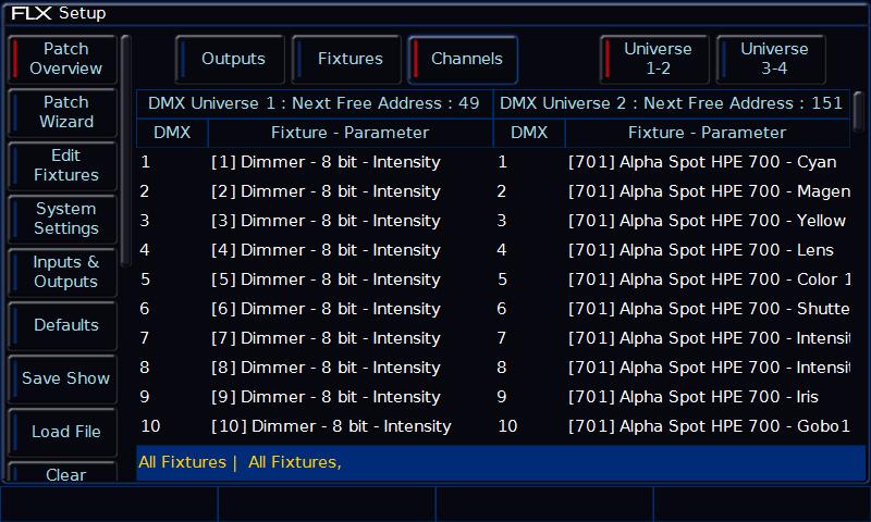Outputs view This is the default patch view and displays the DMX start address for each fixture for each DMX universe.