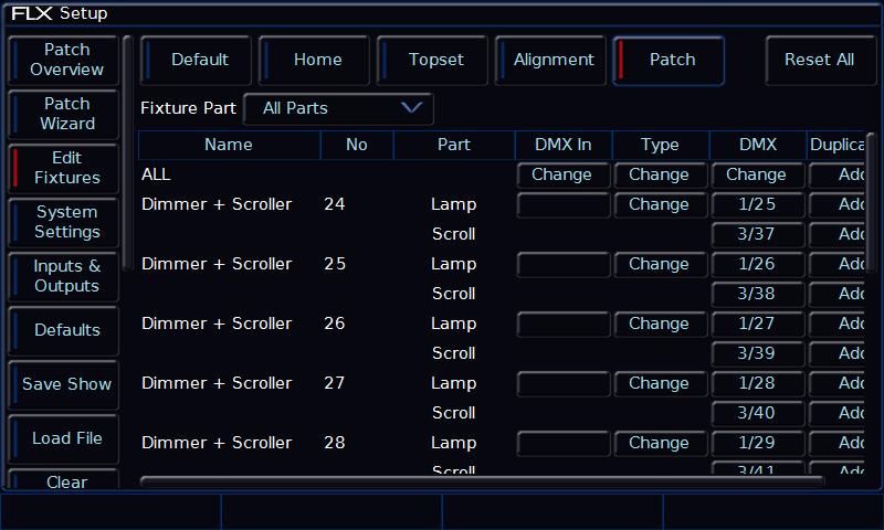 Multi-part fixtures For multi-part fixtures (eg Lamp + Scroller) the different parts of the fixture are displayed on separate rows in the Edit Fixtures patch table.