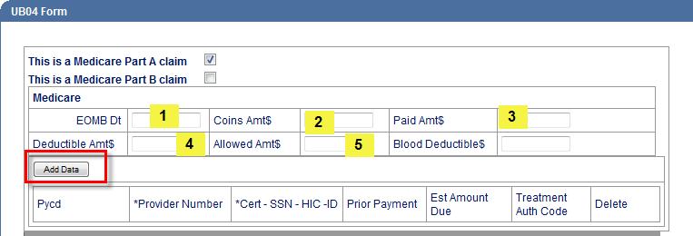 Field # Field Name Description 1 EOMB Dt Enter the payment date from the Medicare Explanation of Benefits (EOMB) 2 Coins Amt$ Enter the coinsurance amount indicated on the EOMB 3 Paid Amt$ Enter the