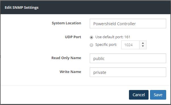 Clicking Edit allows the user to edit SNMP community settings for the PowerShield Controller.