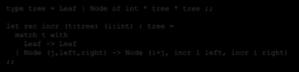 type tree = Leaf Node of int * tree * tree let rec incr (t:tree) (i:int) : tree = match t with Leaf -> Leaf Node (j,left,right) -> Node (i+j, incr i left,