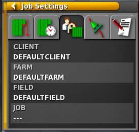 JOB SETTINGS Client, farm, field, and job data displays in the window for