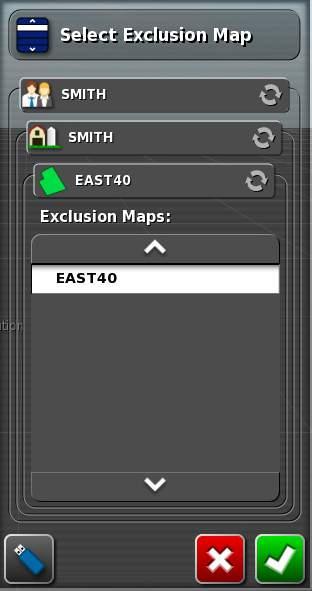 RELOAD AN EXCLUSION ZONE 1. Press the Field menu button 2. Select the Exclusion Map button to open menu. 3. Select the Exclusion Map file name. 4. Press the Check button to recall.