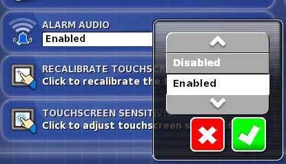 ALARM AUDIO 4. An audible alarm can be enabled or disabled when an alarm event occurs. Press the Alarm Audio button to display menu selections. Press the Check button to accept.
