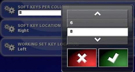 SOFT KEYS PER COLUMN The number of soft keys that appear on the virtual terminal Work screen can be adjusted to 6 or 8. The default is 8 soft keys.