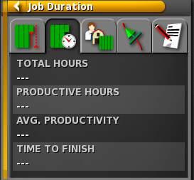 JOB BUTTON Job button contains tabs of information relating to: Job statistics Job duration Current job settings Guidance settings Job notes JOB STATISTICS Amount of area covered, remaining area to