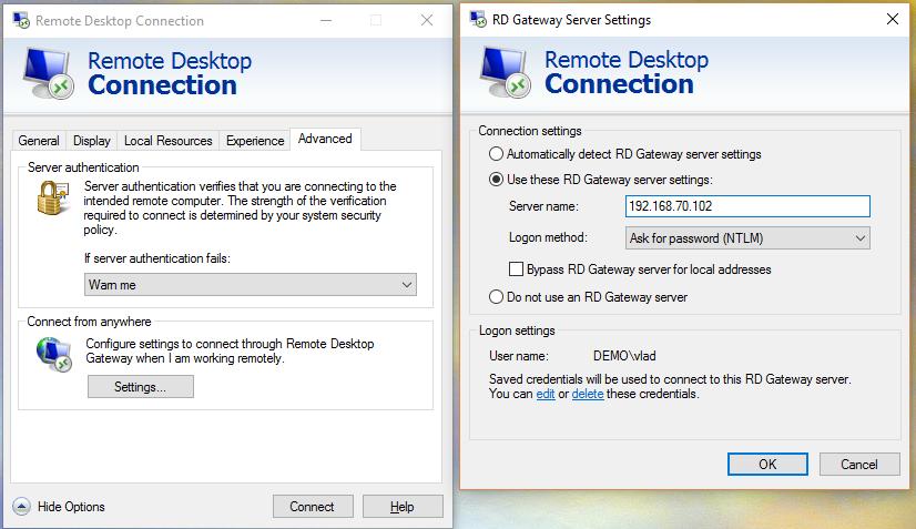 Non-transparent RDP + Domain + RD Gateway (Remote Desktop Gateway) Note In case of non-nla, certain Windows settings may interfere with username extraction from the connection.