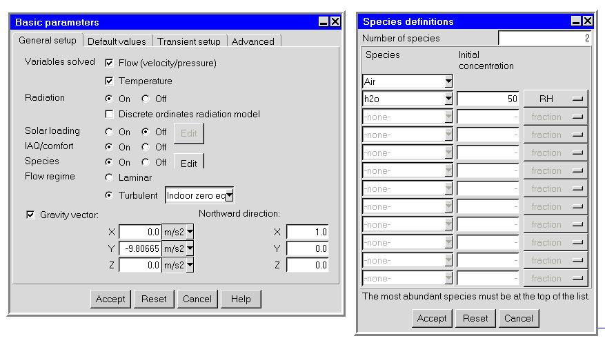 (a) In the Basic parameters panel, select On next to Species and click Edit. Airpak will open the Species definitions panel. i. Select the Initial concentration of h2o to 50. ii.