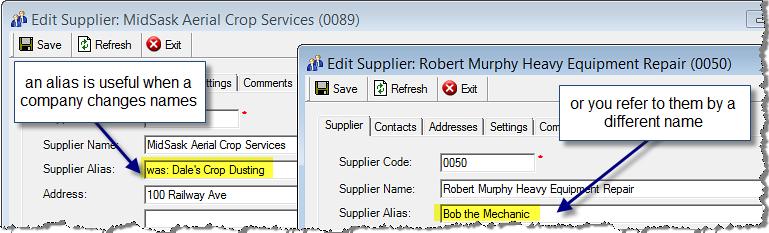 Supplier Alias A Supplier Alias makes the company easier to find with QuickSearch.