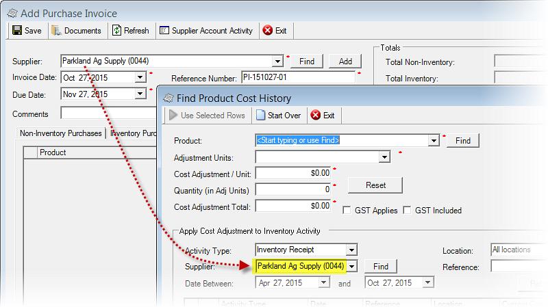 cost history for Inventory Receipts, the Supplier defaults to the same supplier as the purchase