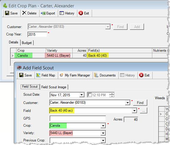 Field Scouting When adding a field scout, select a field and the crop