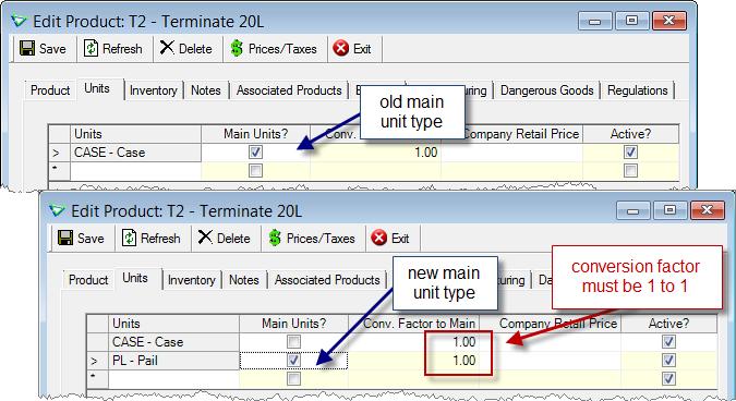Inventory Change Main Unit Type The main unit type can be changed - even if the product has been used - as long