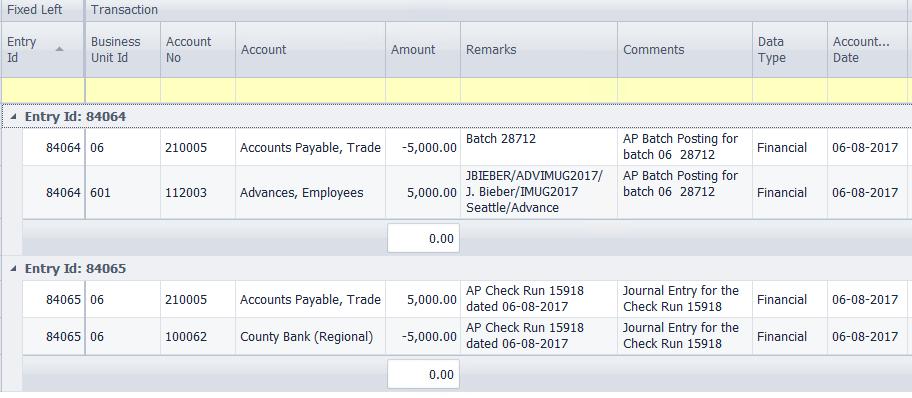 Entry 84064 refers to processing the Advance to AP, while entry 84065 recognizes the payment. Entering Expense Voucher and Matching to Advance Steps: 1.