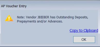 After entering the Voucher Batch Header and accessing the Voucher data entry screen, a pop-up alert window will appear upon selecting Vendor Id: JBIEBER: Hit OK. 3.