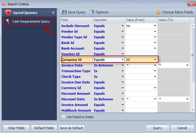 The user may wish to save the query criteria using the Save Query Save As function to save setup time, but this is optional as the recommended search criteria is minimal.