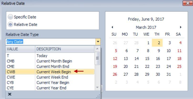 3. Use the drop-down arrow next to the Relative Date