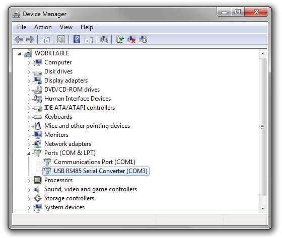 Changing the COM Port Number The assigned serial COM port number can be changed to any available COM port by using the Device Manager. Open the Device Manager and select View > Devices by Type.