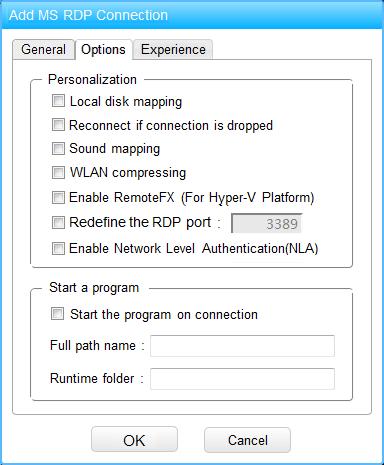 5-7b show the options for Microsoft RDP connection, include the