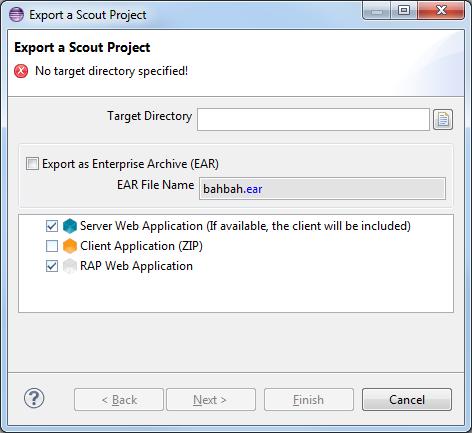 bahbah project node in the Scout Explorer and select Export Scout Project. In the dialog specify a target directory. In this folder the exported.war files will be saved.