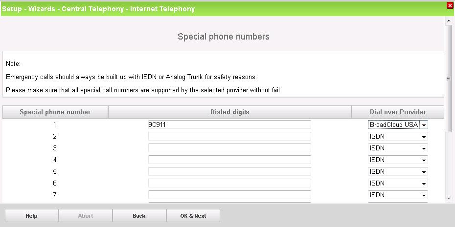 Special phone numbers In this dialog it is possible to route special