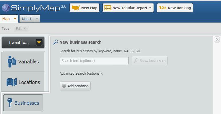 7. Open the Businesses panel on the left, then select the Add condition