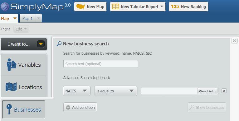 Under Advanced Search select NAICS from the dropdown menu and click on