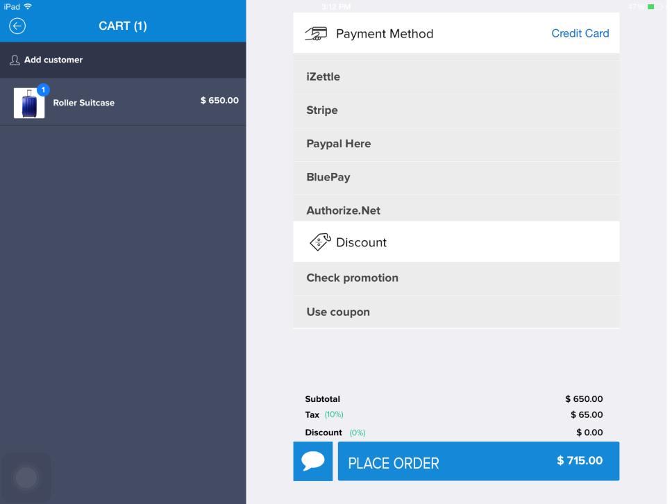 Select Payment method When you use Paypal Here, Stripe, izettle, BluePay or Authorize.