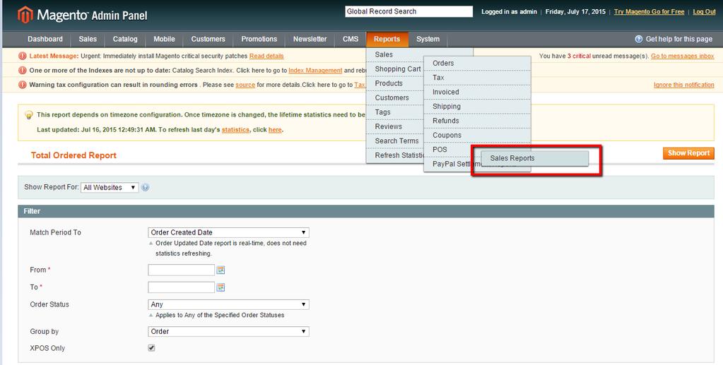 X-POS App Report in Magento backend Through Magento backend a POS specific report is available through the Reports menu. The report can display grouped by relevant settings.