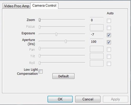 Click Camera Control to control video properties such as Zoom, Exposure, Iris