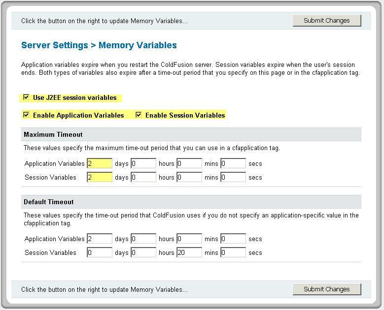 9. Login to the ColdFusion Administrator. Under Server Settings, select Memory Variables.