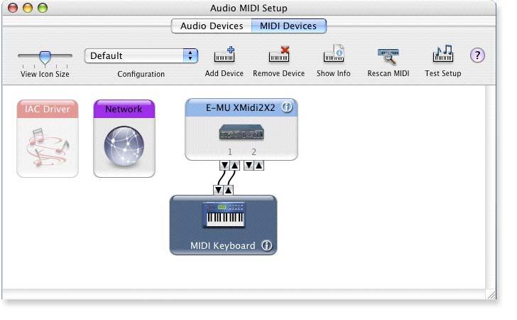 Software Installation 17. Connect the new external device to the E-MU 0202 USB by dragging between the input and output connectors. 18. The window below shows a properly connected MIDI device. 19.