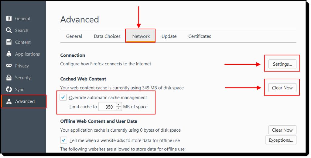 Image 16: Advanced Settings for Connections and Storage (Firefox for Windows) 1. Verify that the network Connection Settings reflect proper district/state setup.