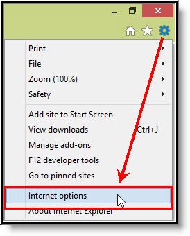 To access the browser settings, navigate to the Tools menu and select Internet Options (see Image 1).