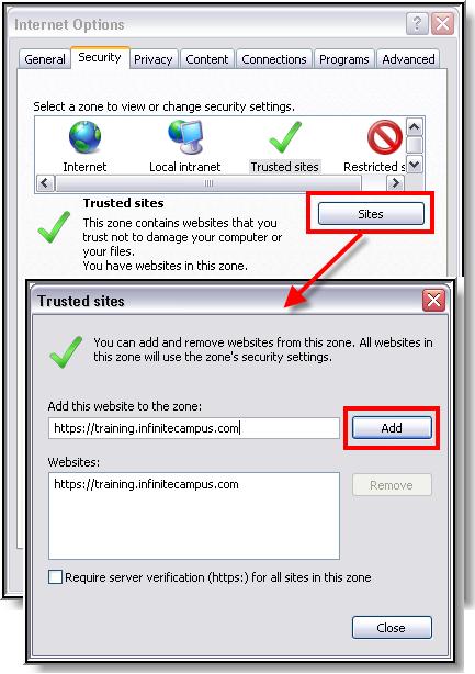 Image 3: Security Settings for Trusted Sites 1. 2. 3. 4. 5. 6. Select the Trusted sites icon from the "Select a zone..." box. Click Sites.