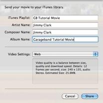Send Movie to itunes Library Sharing and Archiving Your Garageband Projects Sharing Garageband Projects Send Movie to itunes If you have imported a movie into itunes and scored with Garageband, you