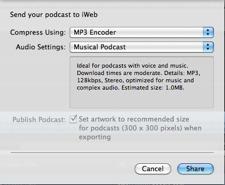 When you select Send Podcast to iweb from the Share menu you have several options for the encoder settings and for the audio settings.