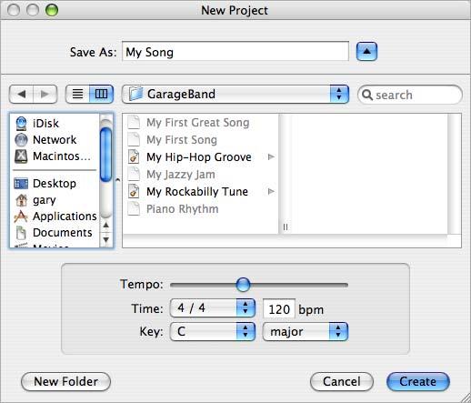 5 When you have finished making the project settings, click Create. Tempo slider Scale pop-up menu Time signature pop-up menu Key pop-up menu Setting the Tempo Each project has a speed, or tempo.