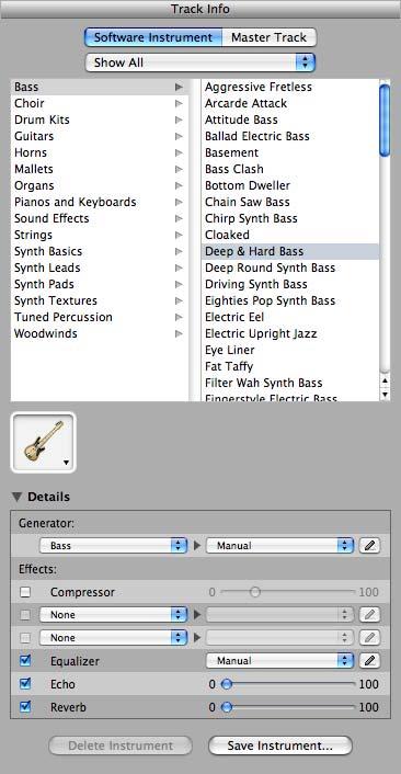 Changing Software Instrument Settings When you create a Software Instrument track, you select an instrument for the track in the New Track dialog. You can change the instrument in the Track Info pane.