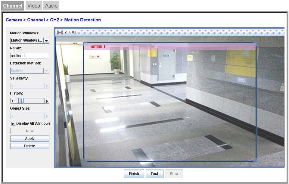 Motion Detection Set motion detection conditions for each camera: Information If you activated the Enable default motion recording checkbox when adding a camera on the Setup > Camera > Channel page,
