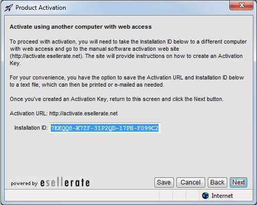 The esellerate server validates the installation ID and returns a page which displays your unique activation key composed of