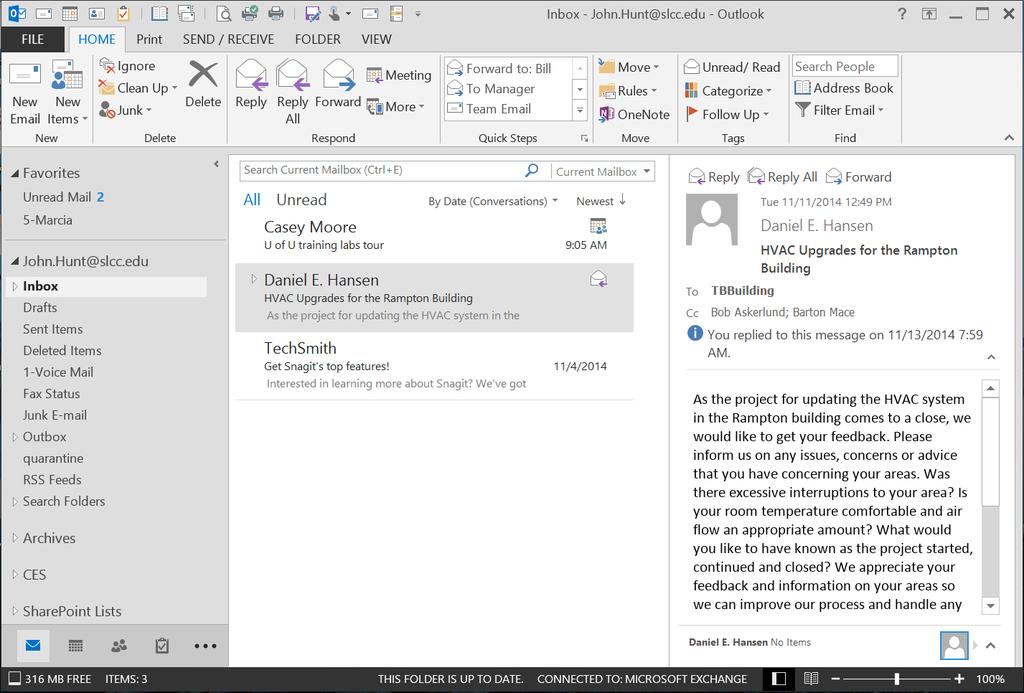 Getting Started Outlook 2013 Quick Start Guide File Tab: Click to access actions like Print, Save As, etc. Also to set Outlook Options.