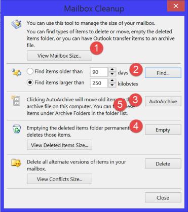 Mailbox Free Space Button Located on the bottom right corner of Outlook s Status Bar. Displays the amount of free space in your mailbox. Turned off by default, to turn it on do the following: 1.