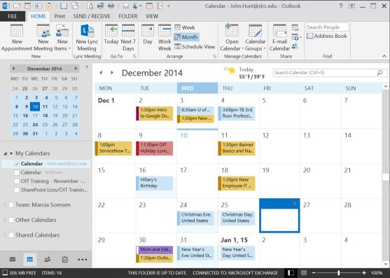Working with Calendars Using Outlook s Calendar, you can quickly and easily manage your appointments, meetings, and tasks.